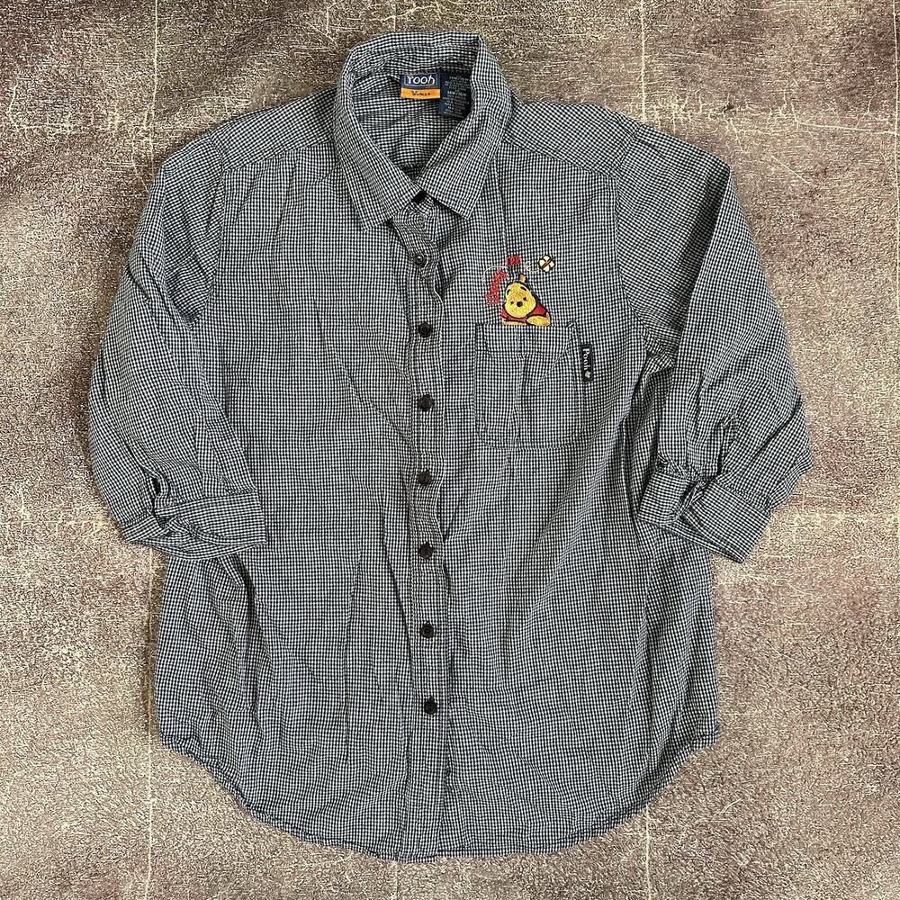 Women's Vintage 90s Disney Winnie The Pooh Navy Blue Plaid Button Up Shirt Sz 14
